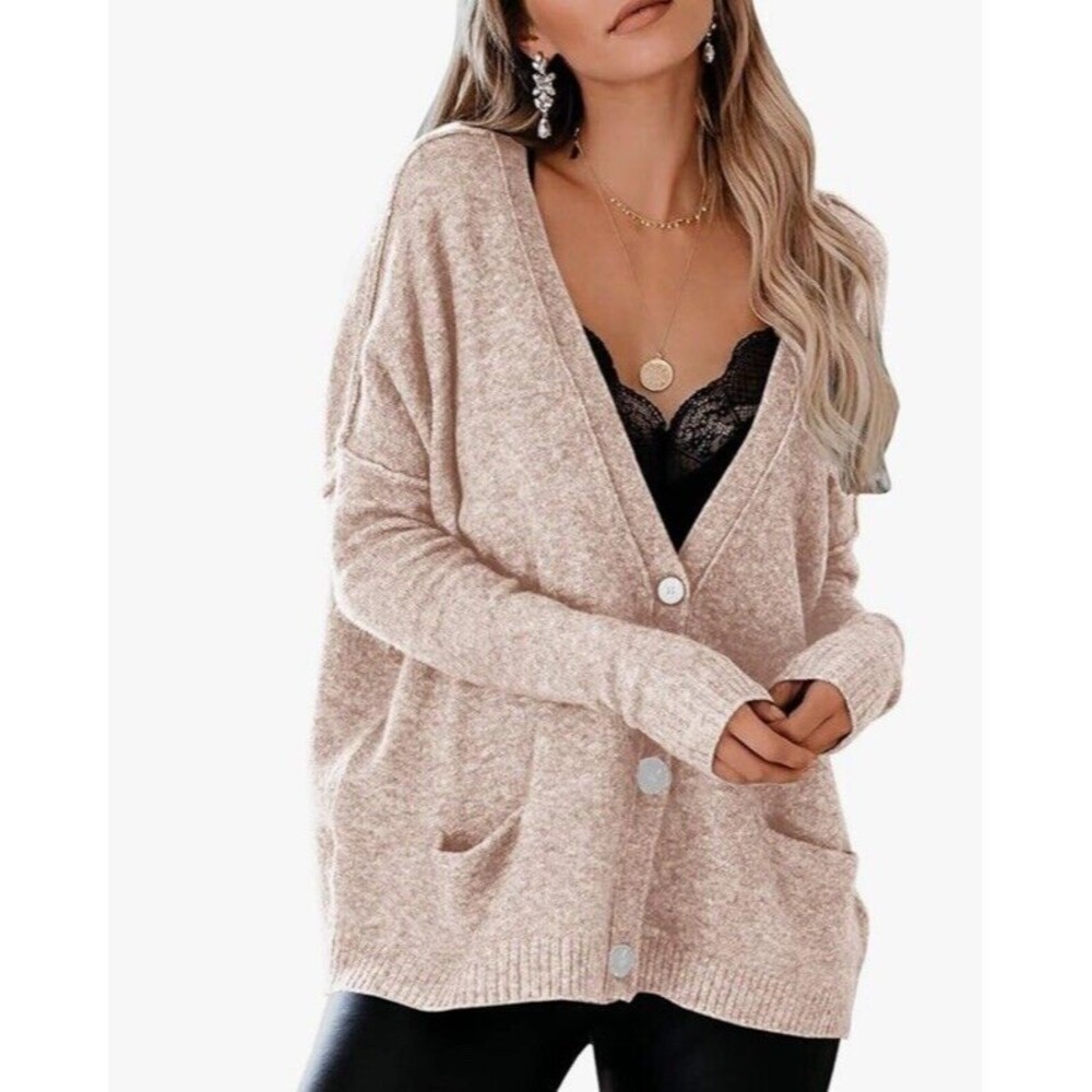 Women's L Deep V Neck Button Down Ribbed Cardigan Knitted Sweater Apricot